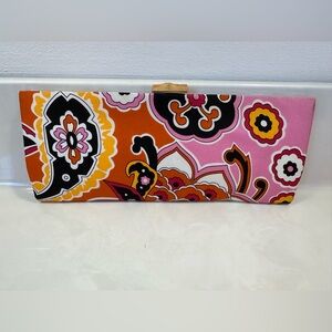 Banana Republic silk clutch with enlarged paisley print and bamboo closure